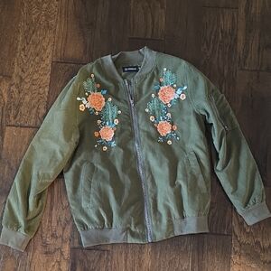 Embroidered Olive Green Bomber Jacket